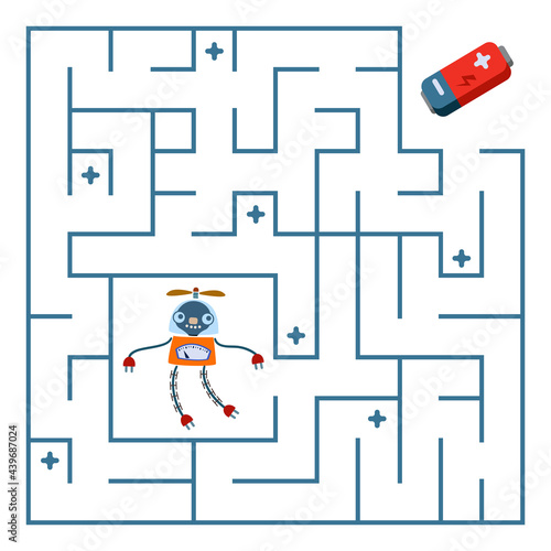 The robot is looking for a way to recharge the battery through the labyrinth. Square maze. Labyrinth for a child s problem. The development of preschoolers. Vector illustration
