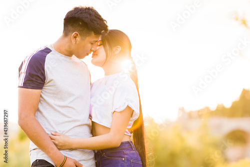 Latin bolivian and peruvian multiethnic mixed race young couple. Summer background lifestyle sunny portrait. Skin care acne dermatology photo