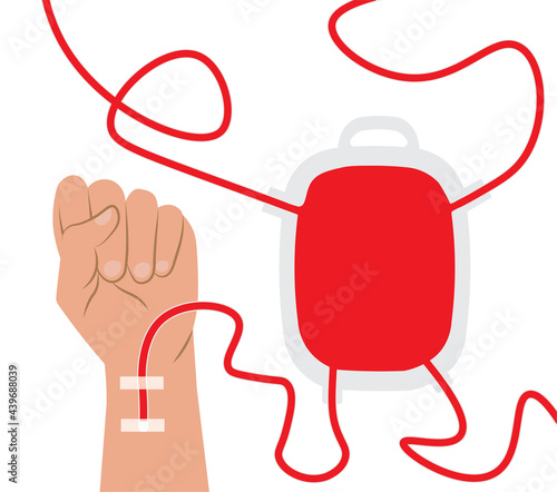 Blood donor, plasma transfusion. Tubes from hand to container. Blood plasma collection technology. International Blood Donor Day. Charity, donations, help, save lives. Medical support, volunteer