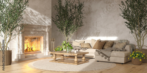 Scandinavian farmhouse style beige living room interior with natural wooden furniture and fireplace. Mock up wall background. 3d render illustration.
