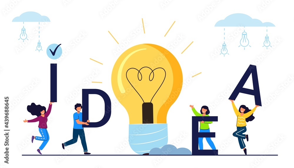 Creative idea Tiny people start an idea on balloons Success and innovation technology concept Startup Vector illustration for business design Creative idea Tiny people start an idea on balloons Success and innovation technology concept Startup Vector illustration for business design