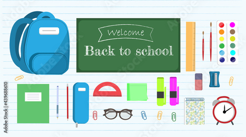 Set of items for school, stationery items, back to school concept, flat vector illustration