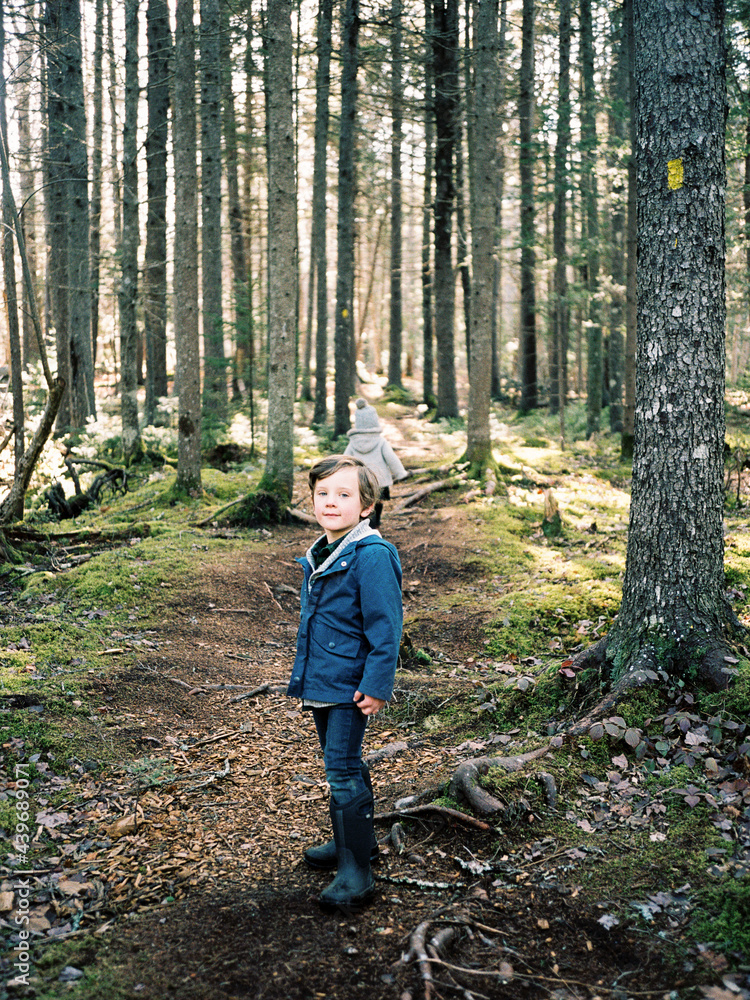 A portrait of a young boy standing in a mossy sunlit forest wearing a blue jacket and rain boots. A portrait of a young boy standing in a mossy sunlit forest wearing a blue jacket and rain boots.
