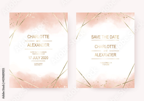 Wedding invitation cards with gold stripe and blush watercolor border texture.