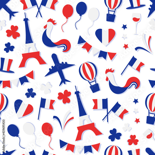 French vector seamless pattern. National Independence Day of France. Nation country symbols. Patriotic illustration