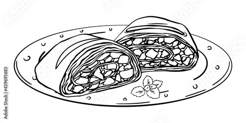 Slices Viennese apple strudel black outline on white background.