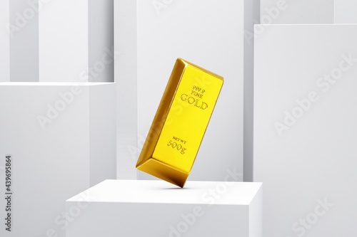 Gold bar bullion as cast bar on a display podium