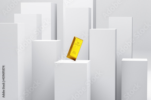 Gold bar bullion as cast bar on a display podium photo