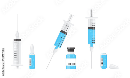 Syringe and medicine vial with blue vaccine, vector ampoule. Inject needle concept. Medical bottle isolated on white background. Health illustration