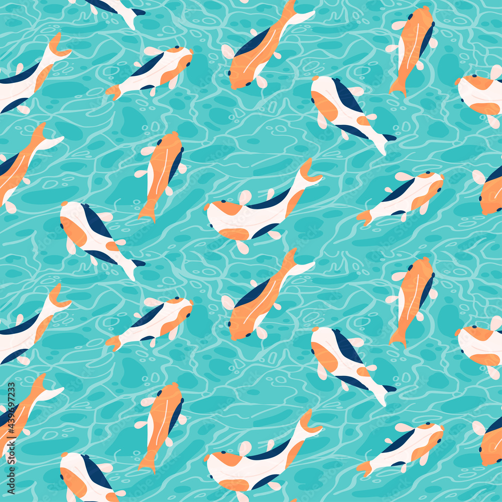 Fototapeta premium Realistic detailed hand drawn seamless pattern with golden and black koi carps on background of clear blue water waves for textile or paper print. Flat vector illustration.