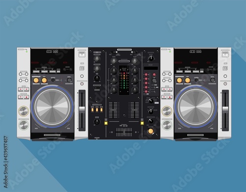 The DJ table is equipped with a compact mixer and small CDJ players. Material for design of club poster. Equipment for the visualization of T-shirts. Realistic and detailed replica of DJ equipment.