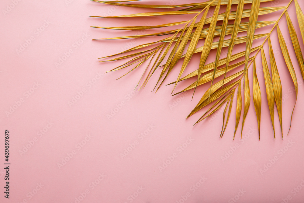 Golden palm leaf frame, tropical leave texture on pink background with ...