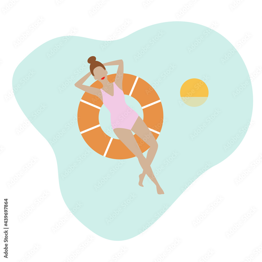 Woman floating on swim ring in swimming pool, vector illustration.