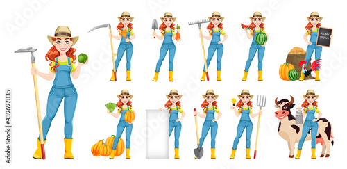 Beautiful woman farmer, set of eleven poses