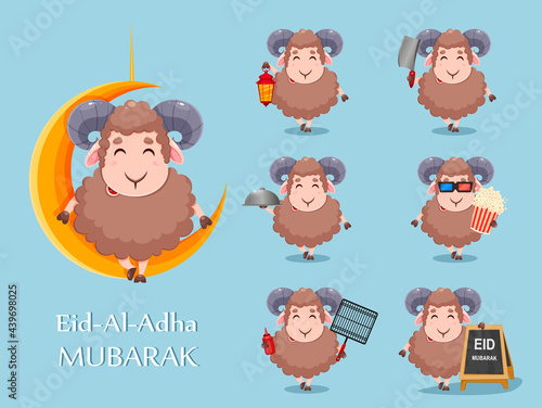 Eid Al Adha Mubarak greeting card. Cartoon sheep