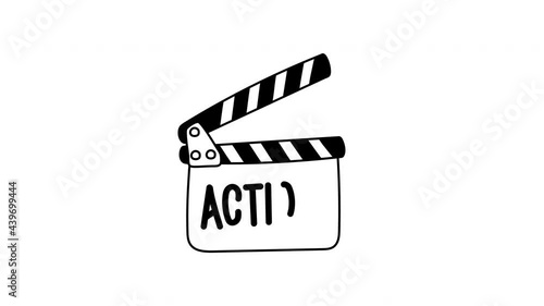 Movie clapperboard open and close. Animation of movie clapper icon. Freehand line dark ink hand drawn sketch film clapper for cinema production. Front closeup view with word. Action. Alpha Channel. 4K