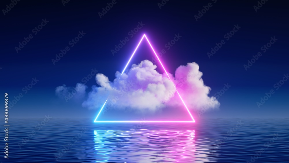 3d render, abstract background with white cloud levitates inside the glowing neon triangle, with reflection in the water. Minimal futuristic seascape - obrazy, fototapety, plakaty 