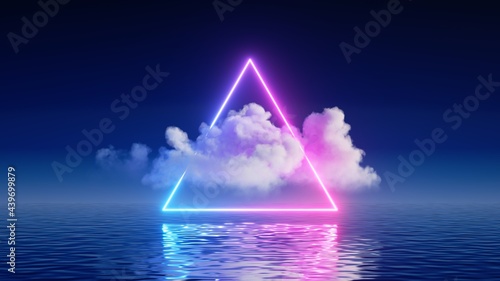 3d render, abstract background with white cloud levitates inside the glowing neon triangle, with reflection in the water. Minimal futuristic seascape