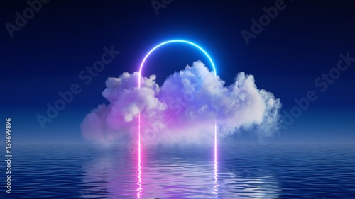 3d render, fantasy background with glowing neon arch portal and white cloud above the calm water. Abstract seascape