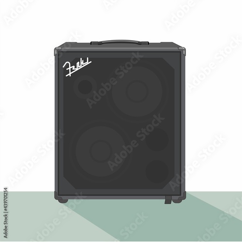 Bass combo, realistic illustration. Material for guitarists and rockers. Equipment for live performances. Heavy metal theme. Jazz attribute. column for monitoring. T-shirt material.