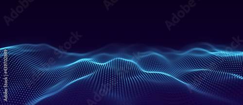Abstract wave with moving dots. Flow of particles. Cyber technology illustration. 3d rendering photo