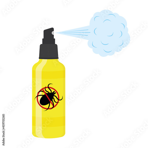 Insect repellent lotion with spray steam and killing mite sign. Anti tick agent isolated on white background. Lyme disease and encephalitis prevention. Vector cartoon illustration.