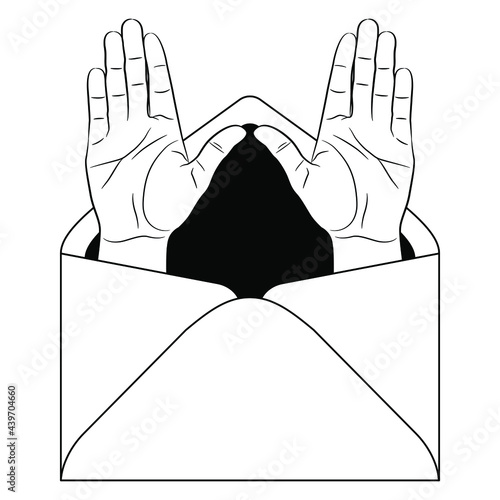 Two human male hands with open palms emerging from a paper envelope. Creative funny concept for communication. Black and white silhouette.
