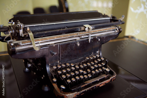 Antique Typewriter. Vintage Typewriter Machine Closeup Photo.