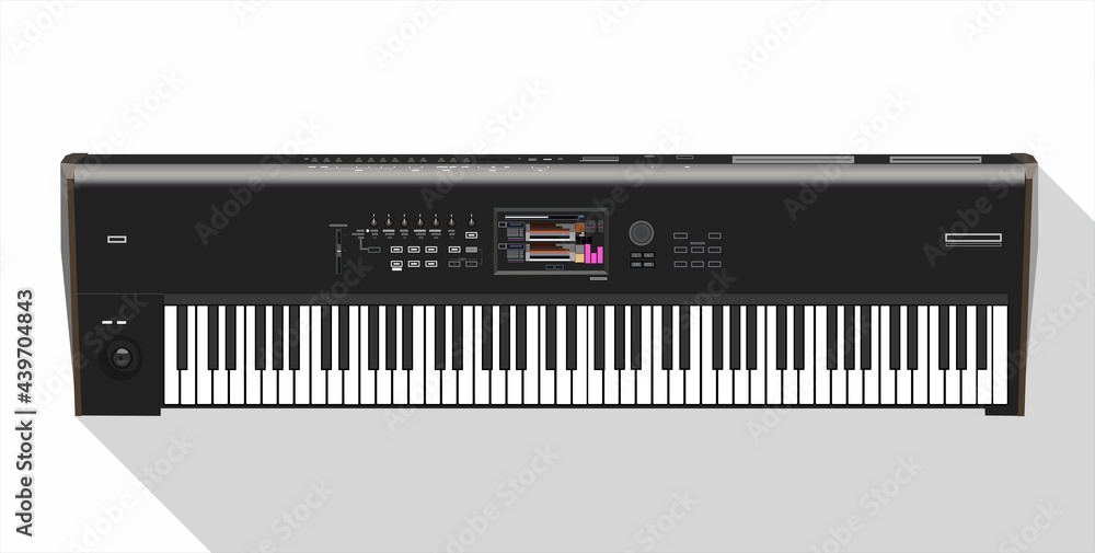 Self-replicating synthesizer for music lessons in vector. Electric piano. Multi-active tool. Black and white keys. Programmable music machine. Music school theme. Device for synthesizing sounds home.