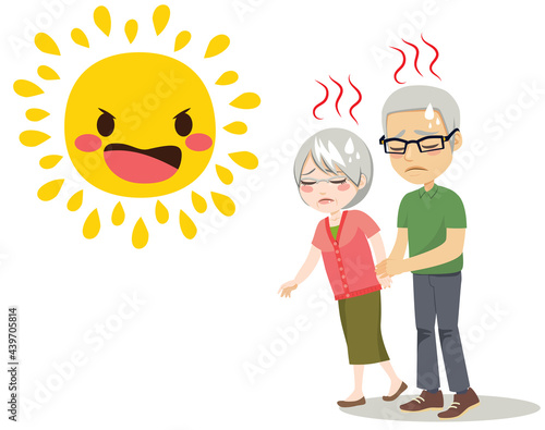 Hot summer sun over senior couple walking together holding hands 