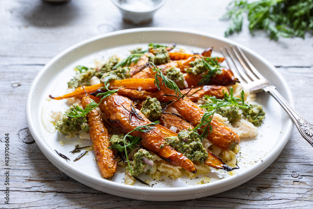 Roast carrots with pesto and white bean puree Roast carrots with pesto and white bean puree