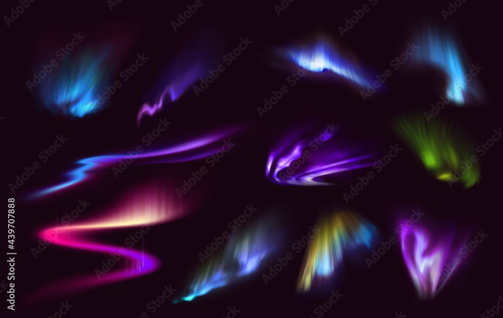 Color northern polar lights glow on night sky vector background. Realistic 3d aurora borealis or polaris with shining arcs, rays and crowns of blue, purple and pink Arctic lights or auroras