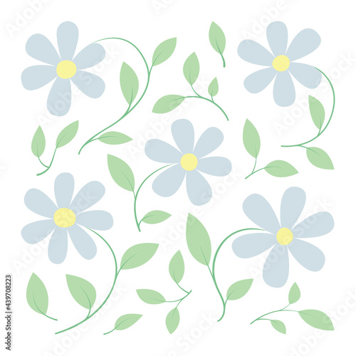 Flowers. Soft, pastel color flowers and leaves on white background. Outline floral pattern. Part of set.