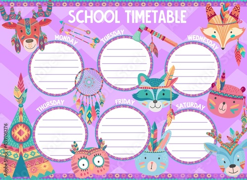 School timetable schedule with cartoon indian animals. Vector student education planner, study plan and weekly time table of pupil classes with birds and animals, indian feathers, arrows and tomahawk