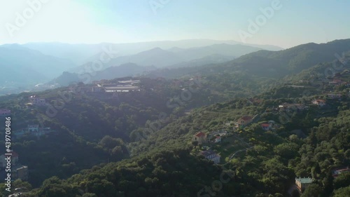 Aerial view of landscape in Garbasso, Celle Ligure comune, Savona province, regione Liguria region. Ligurian coastline with green hills. Drone 4k footage photo