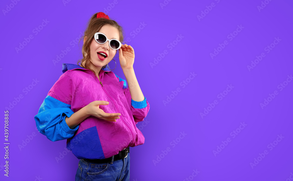 Cool teenager. Fashionable DJ girl in colorful trendy jacket and