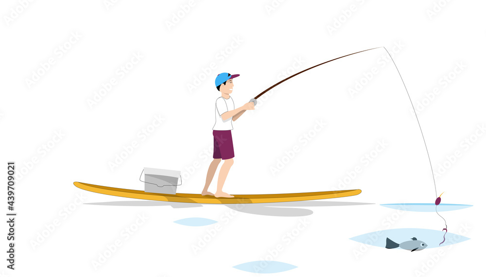 Guy fishing standing on sup board. Landing page illustration