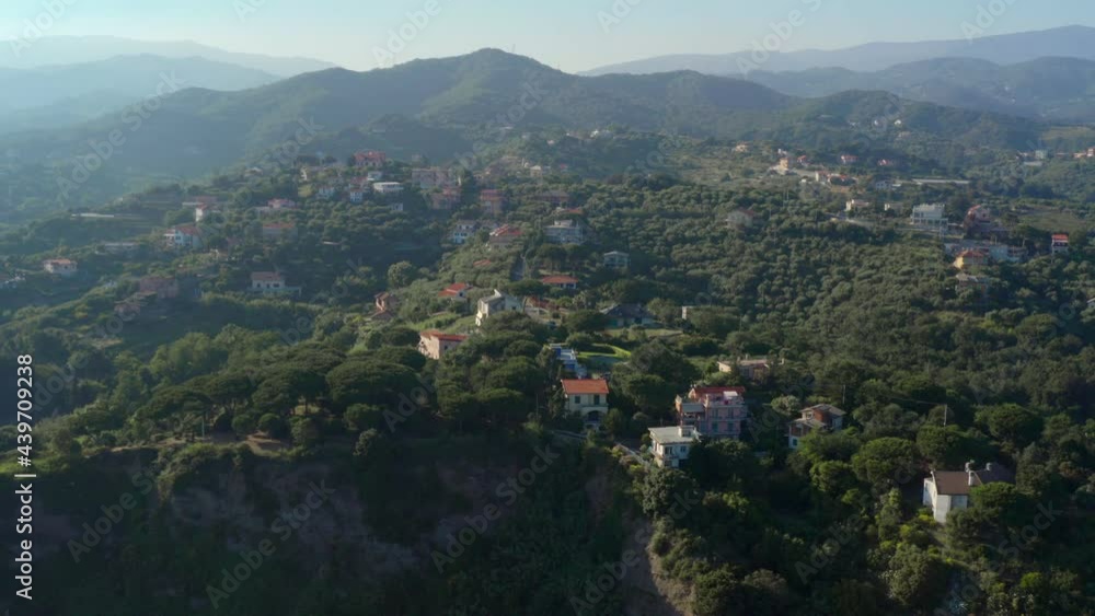 Aerial view of landscape in Garbasso, Celle Ligure comune, Savona province, regione Liguria region. Ligurian coastline with green hills. Drone 4k footage, side panoramic view Aerial view of landscape in Garbasso, Celle Ligure comune, Savona province, regione Liguria region. Ligurian coastline with green hills. Drone 4k footage, side panoramic view