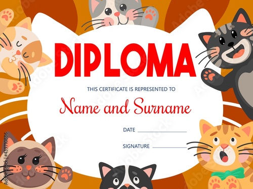 Kids diploma with funny cats or kittens, vector certificate. Education award frame for graduation or achievement in school or kindergarten with cartoon pets express emotions. Kids diploma template