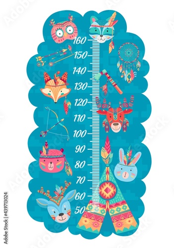Cartoon kids height chart with funny vector owl, wolf and fox, elk, rabbit, bear and deer indians. Wall meter of growth measure with ruler scale and native american animals, feathers, arrows or teepee