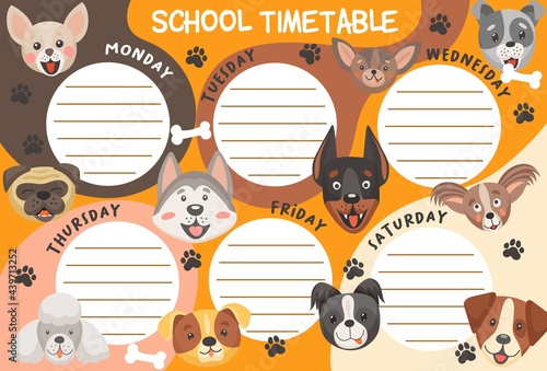 School timetable schedule dogs and puppies. Education vector weekly planner template with cute cartoon characters. Kids time table for lessons with frames for classes list and funny doggy muzzles