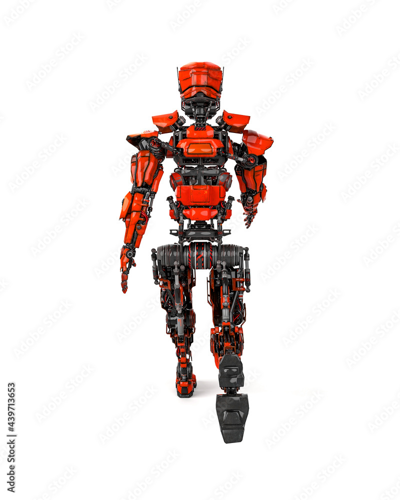 mega robot is walking on white background rear view mega robot is walking on white background rear view