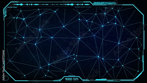 Futuristic UI HUD big data network in digital display or screen monitor interface frame, vector business technology. Head up display with global network structure with connections of neon lines, dots