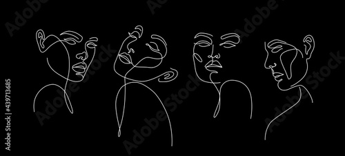 Set of stylized woman faces. Modern single line art. Woman beauty fashion concept, minimalistic style.