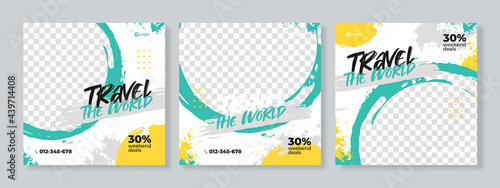 Set of three travel adventure social media pack template premium vector