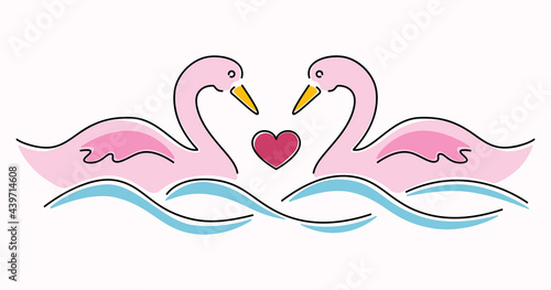 Minimalistic line art a pair of swans in love on the waves and the heart