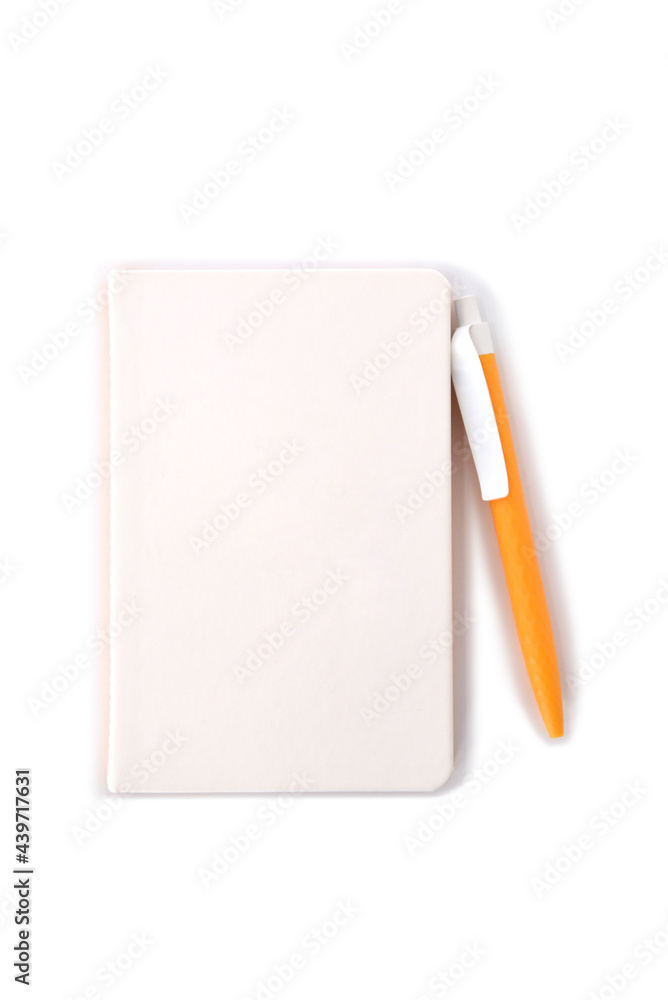 Notepad for notes and pen for writing on a white background Notepad for notes and pen for writing on a white background