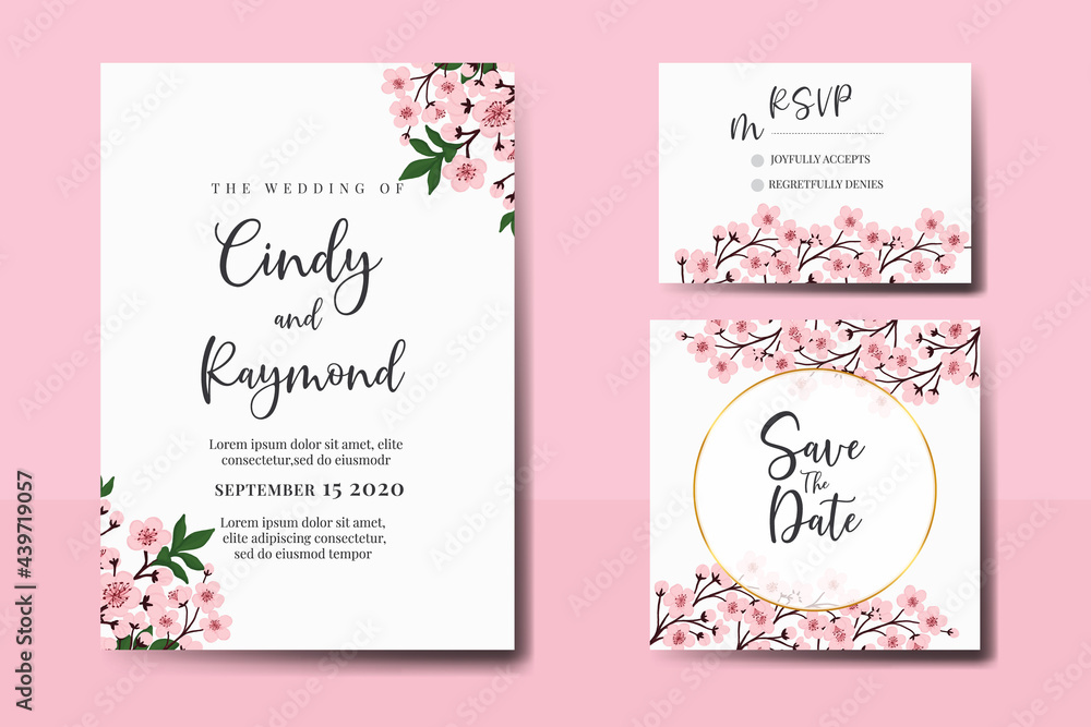 Wedding invitation frame set, floral watercolor Digital hand drawn Sakura Cherry Blossom Flower design Invitation Card Template