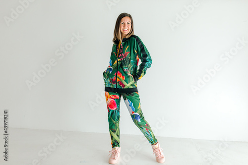 Woman wearing tropical print clothes photo