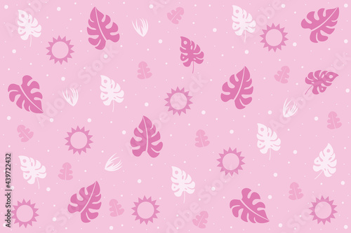 Abstract pink summer background with tropical plant leaves and summer elements.